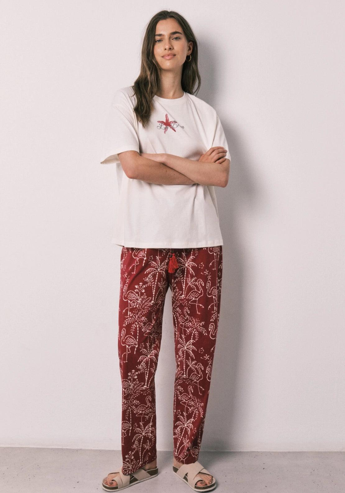 Stitch Palm Print Cotton Long Pyjama Set - White