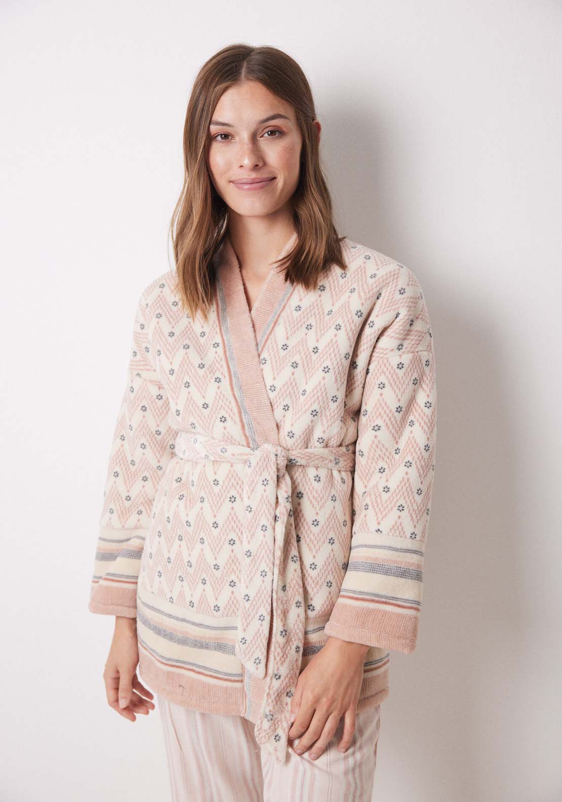 Womens Secret Short fleece robe with herringbone print - Orange Print 1 Shaws Department Stores
