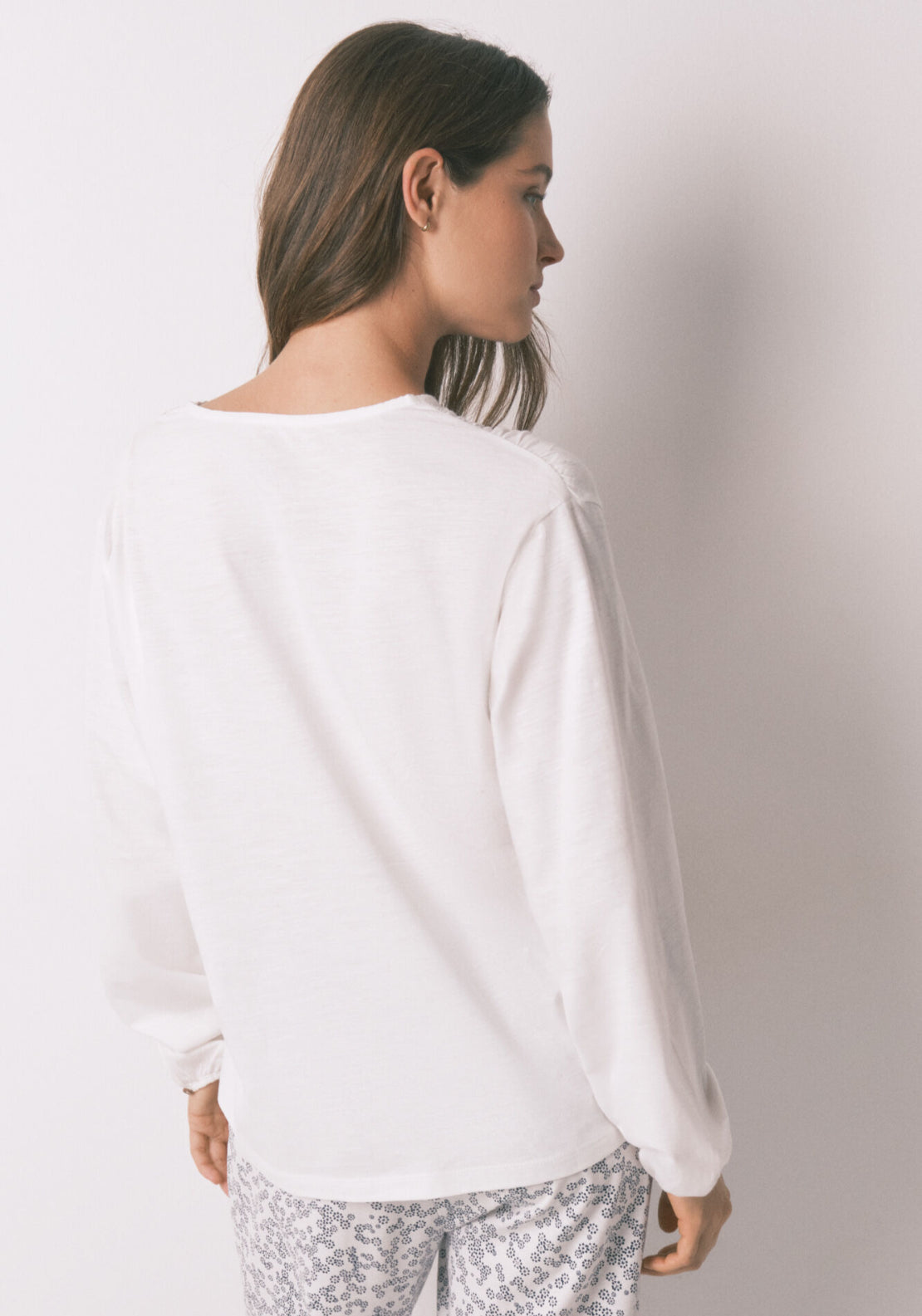 100% Cotton Ruched Long Sleeve T-Shirt - Ivory