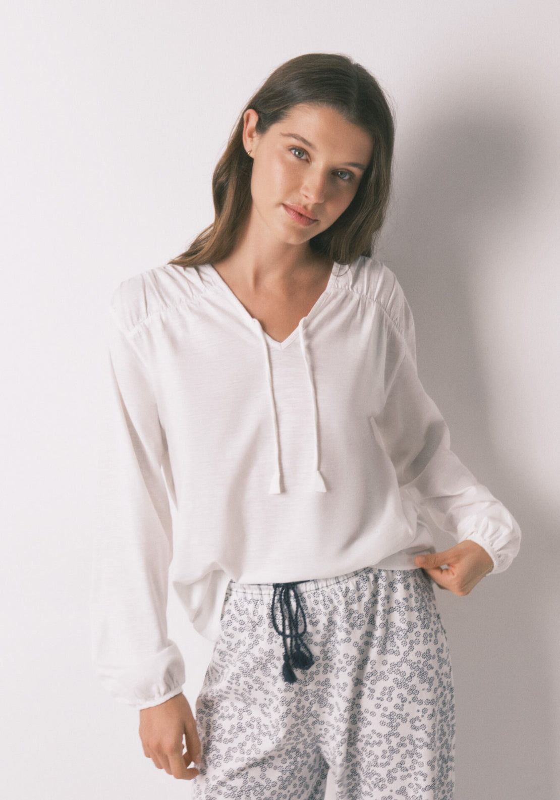 100% Cotton Ruched Long Sleeve T-Shirt - Ivory