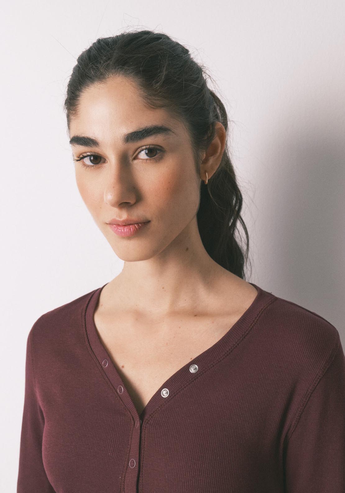 Ribbed Cotton Long Sleeve T Shirt - Wine