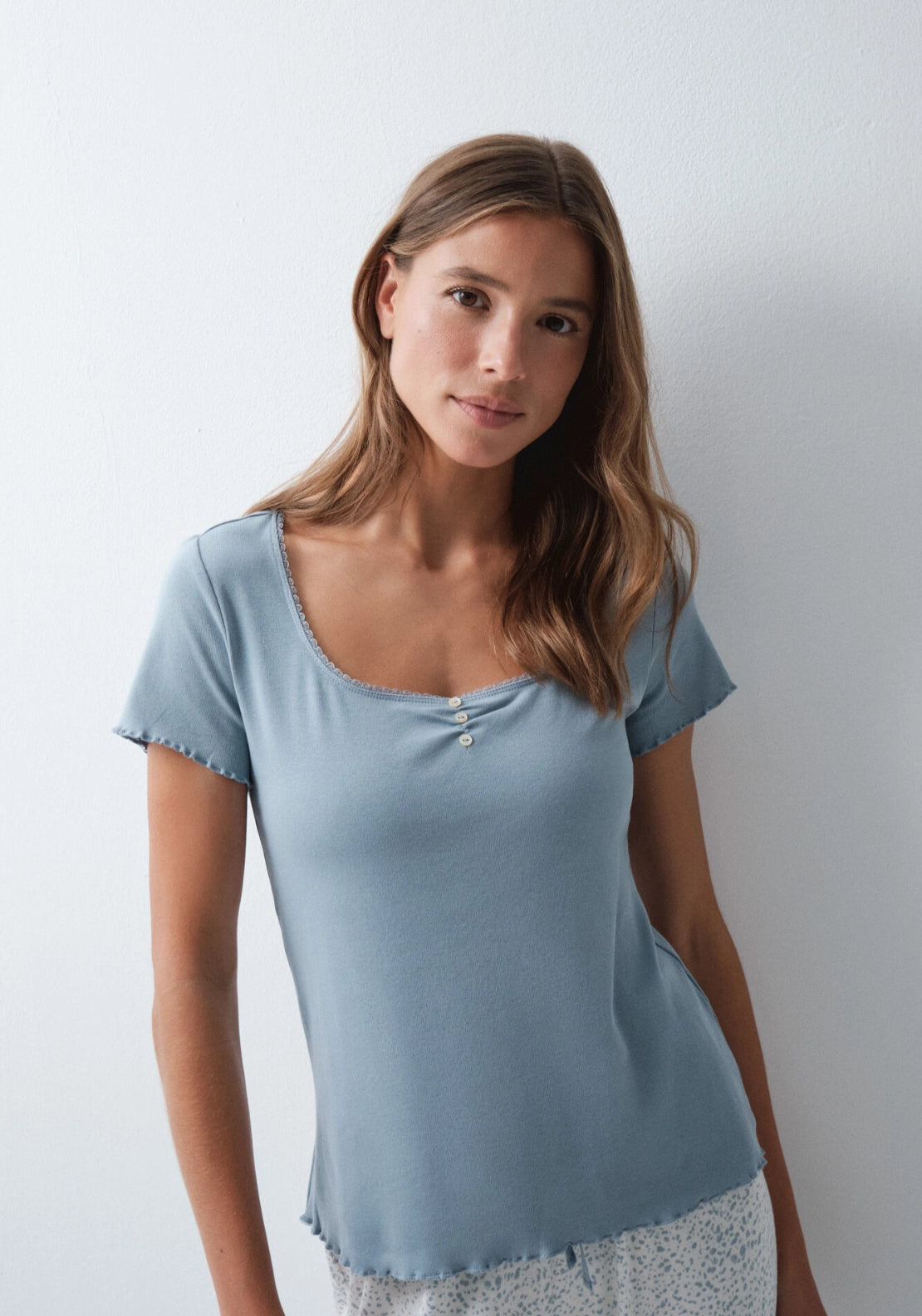 Cotton Short Sleeve Pyjama Top - Blue