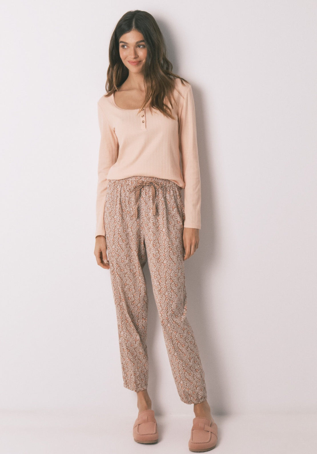 Cotton Floral Print Long Pyjamas - Orange