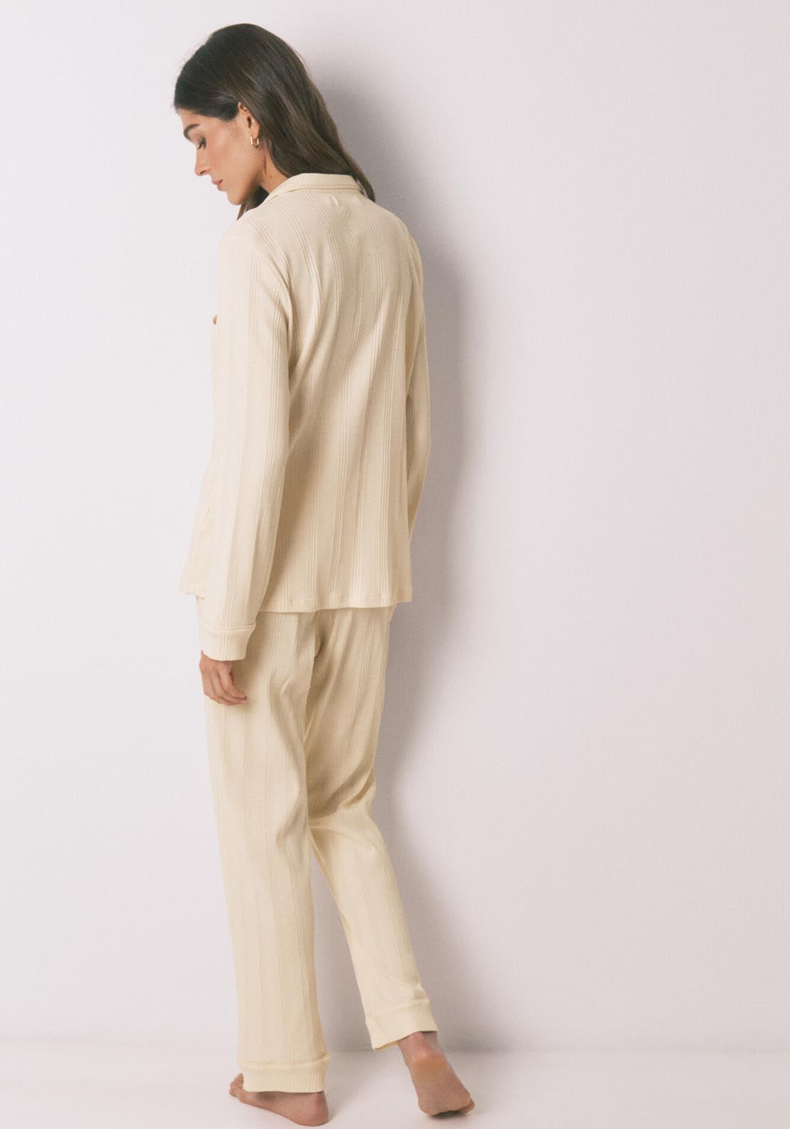 Ribbed Cotton Classic Long Pyjamas - Ivory