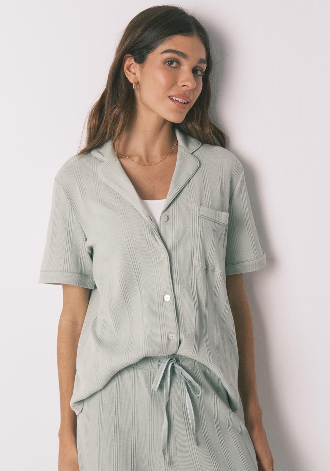 Ribbed Cotton Classic Pyjamas - Green