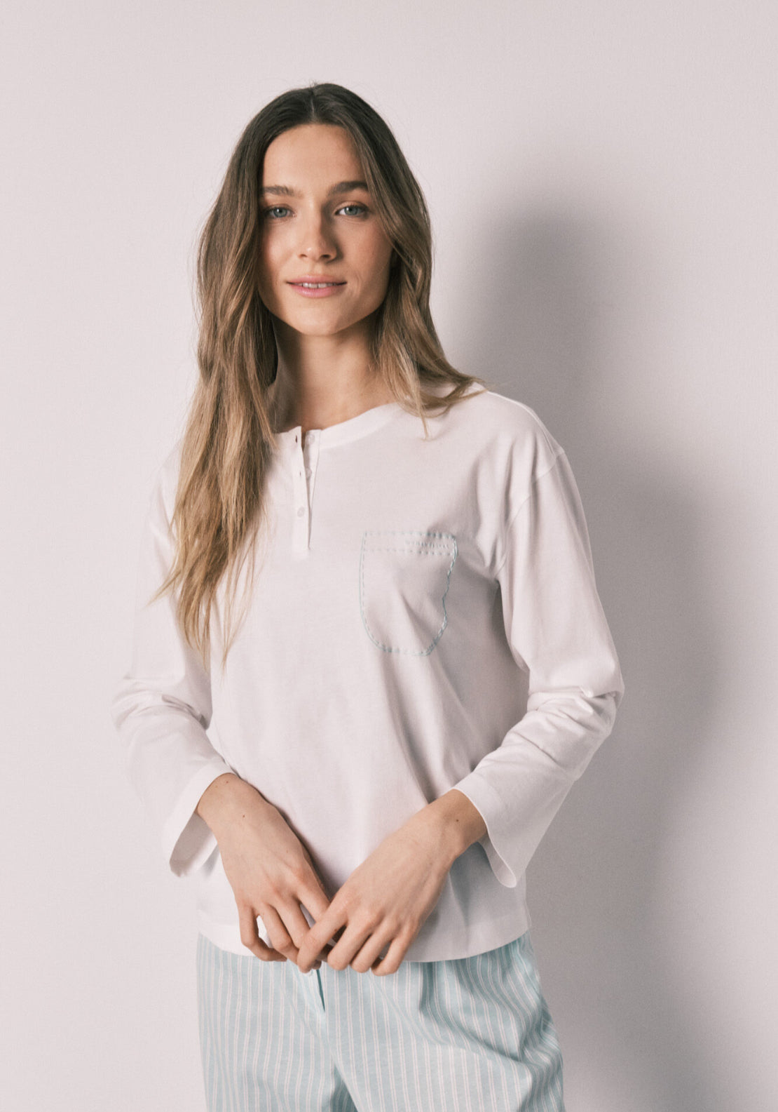 Striped Cotton Long Pyjamas - White