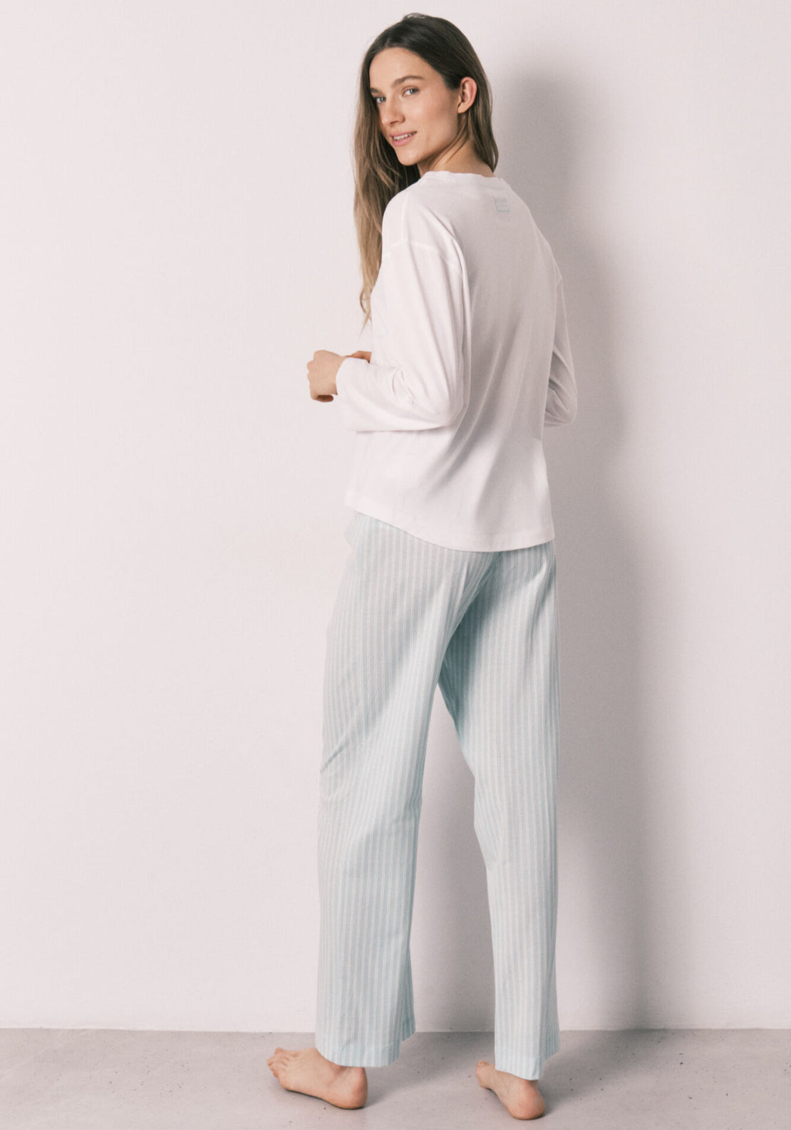 Striped Cotton Long Pyjamas - White