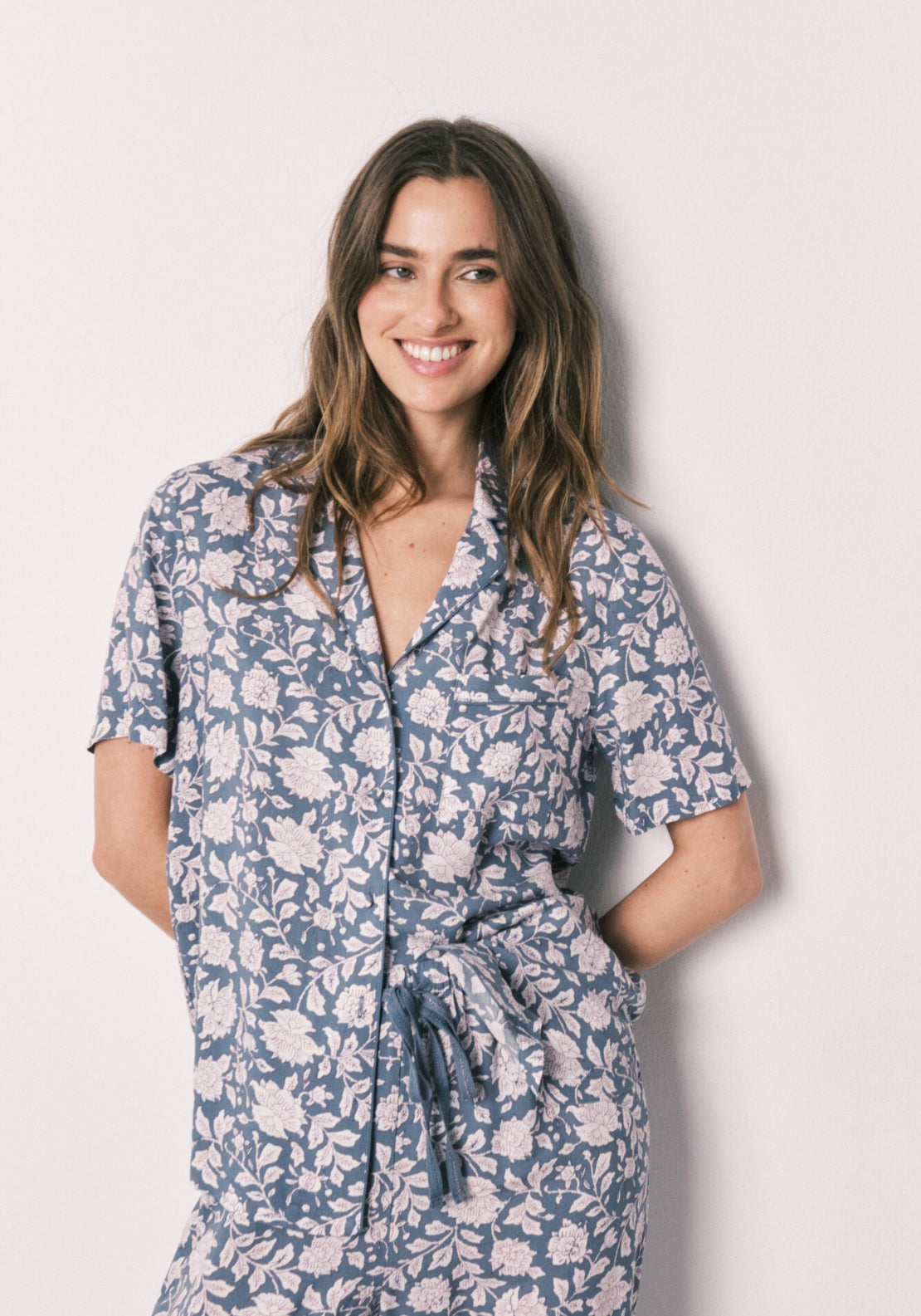 100% Viscose Floral Print Classic Pyjamas - Blue