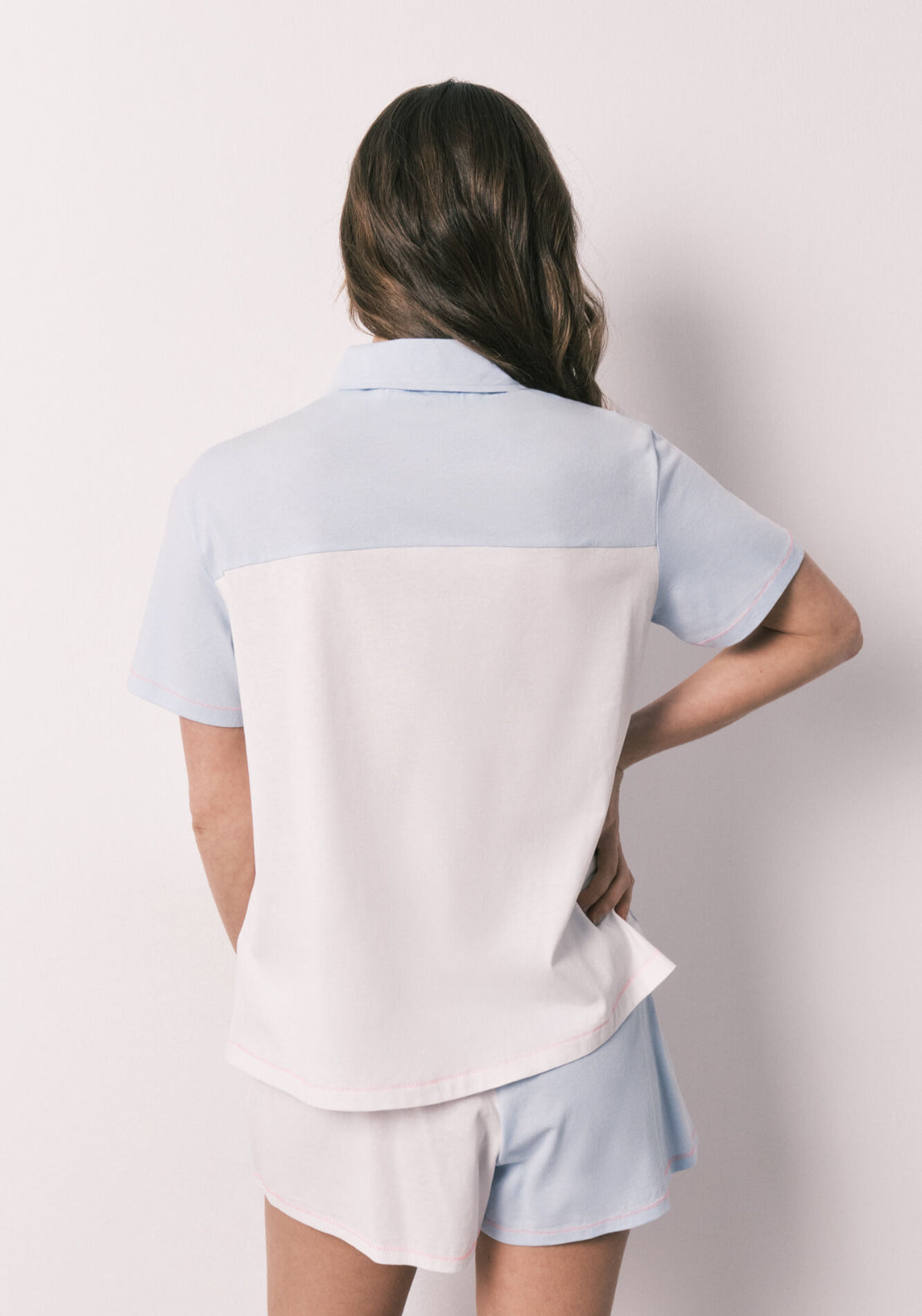Cotton Short Classic Pyjamas With Knot - Blue