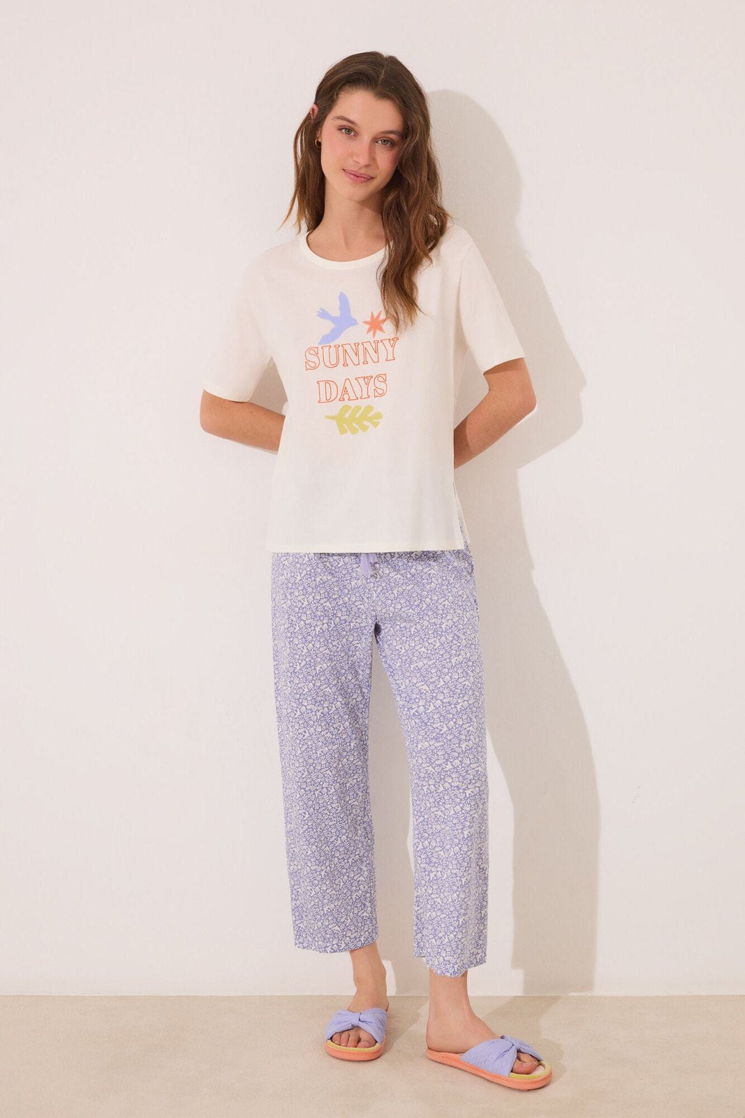 Womensecret Capri pyjamas 100% cotton white flowers - Ivory 2 Shaws Department Stores
