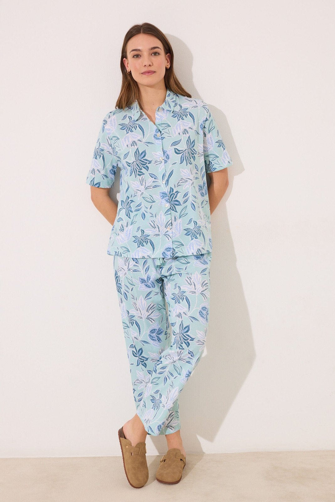 Womensecret Capri classic pyjamas 100% cotton flowers - Green 1 Shaws Department Stores