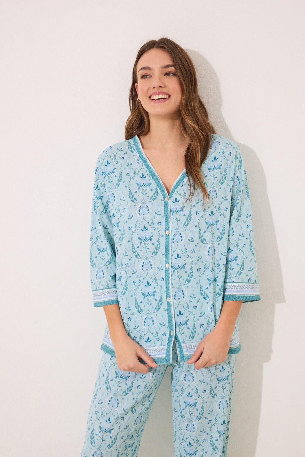 Womensecret 100% cotton green flower print pyjamas - Green 1 Shaws Department Stores