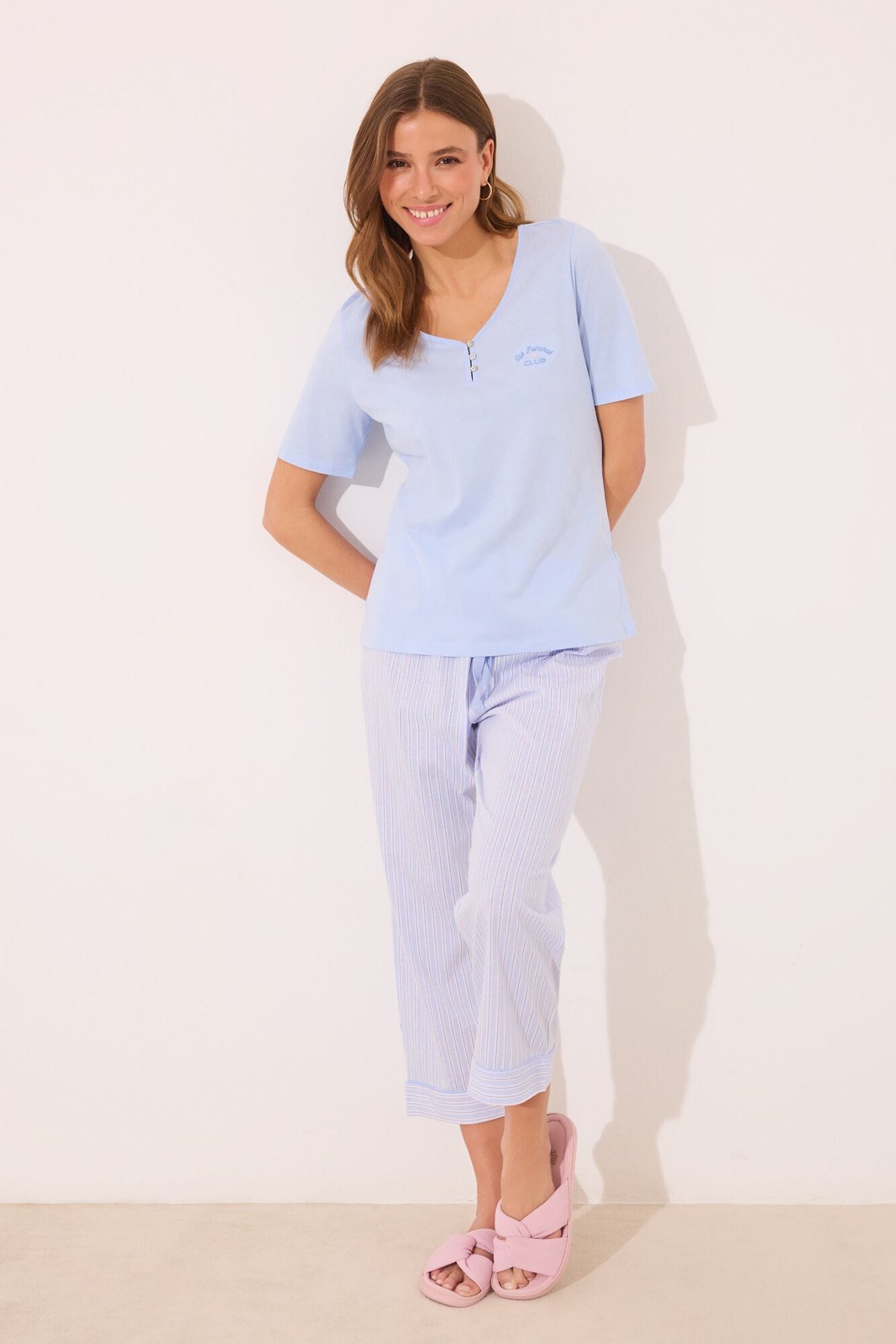 Womensecret Capri pyjamas 100% cotton blue striped - Blue 3 Shaws Department Stores