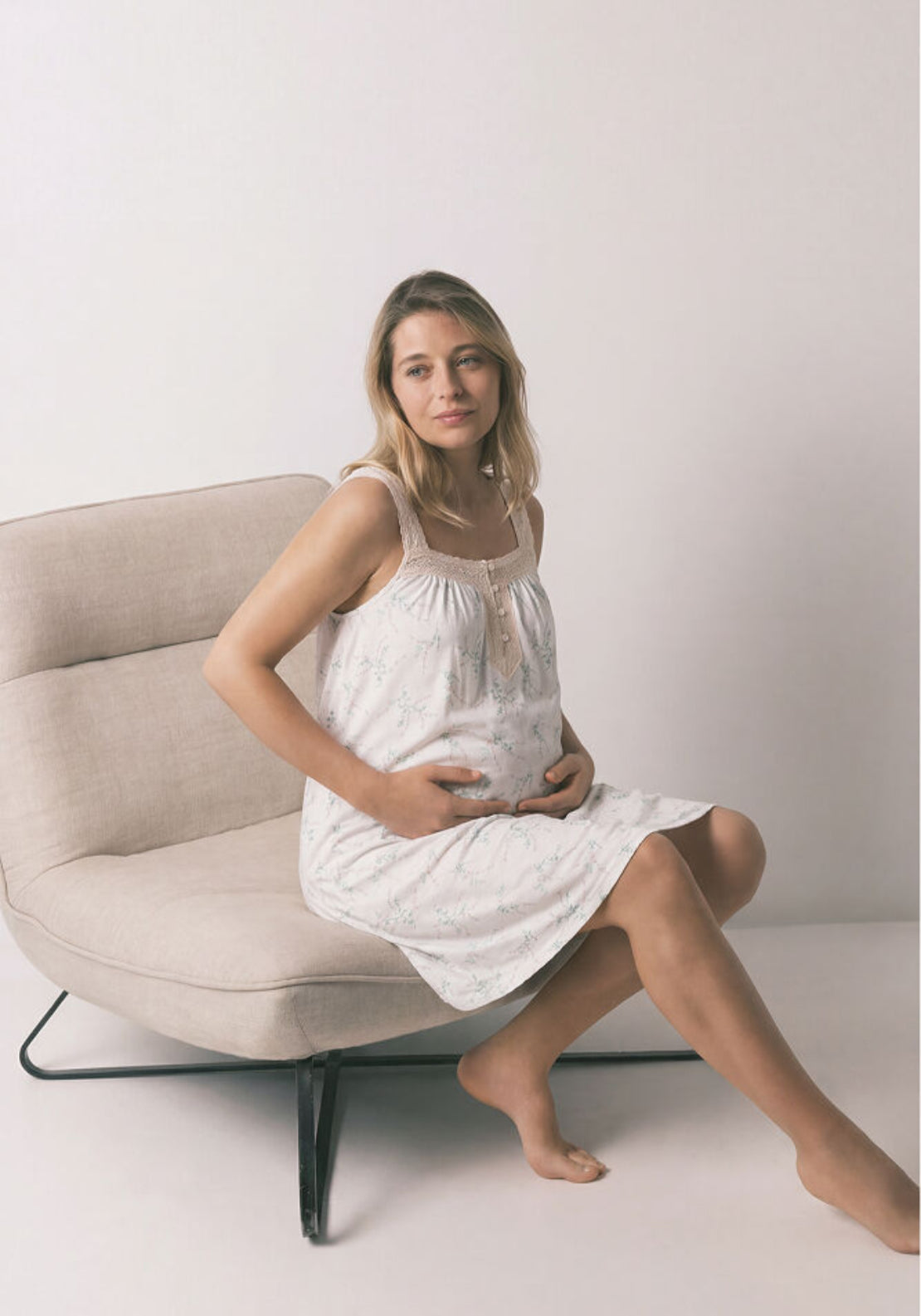 Printed Floral Cotton Short Nightgown Maternity - White