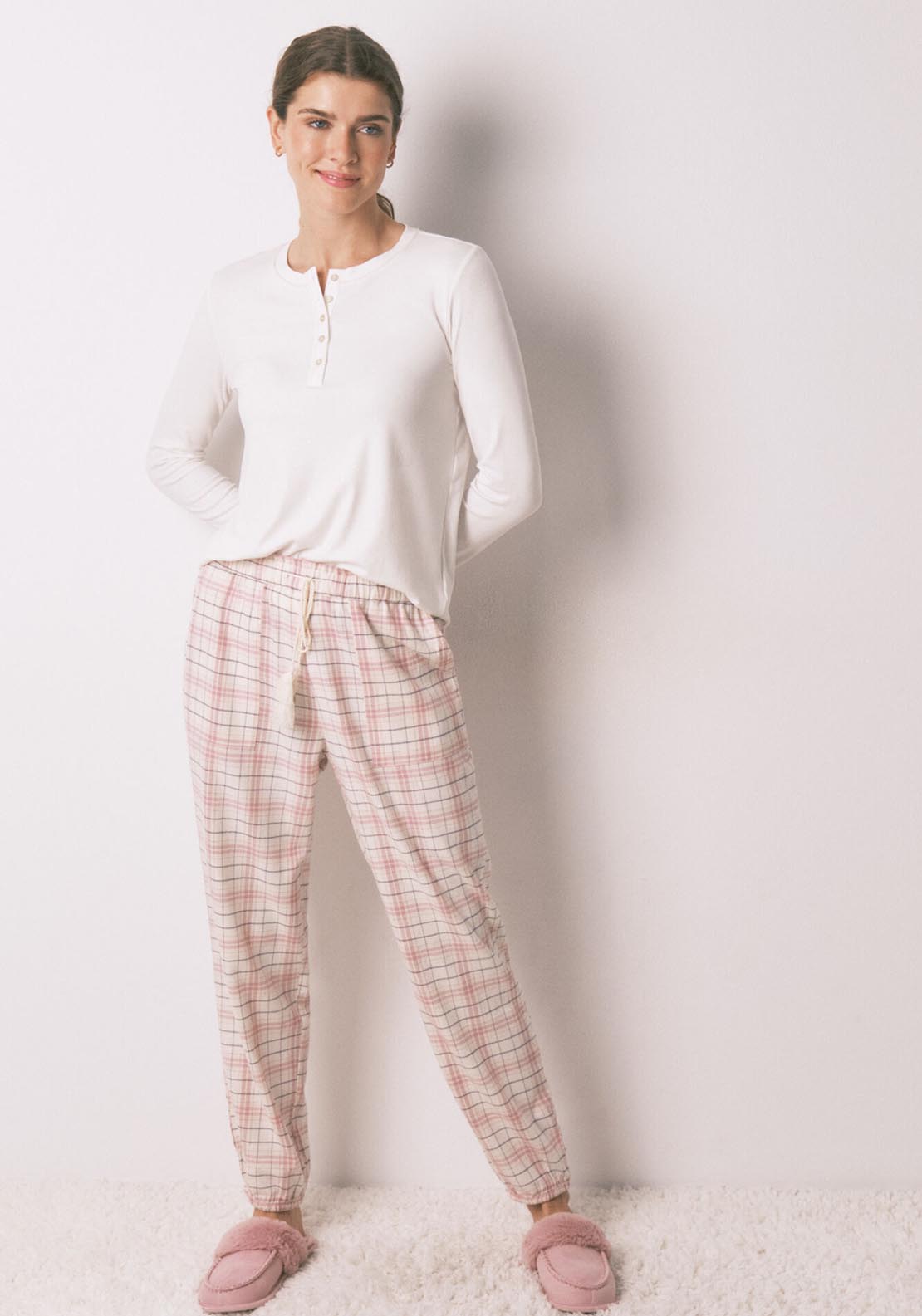 Plaid Print Flannel Long Trouser - Pink