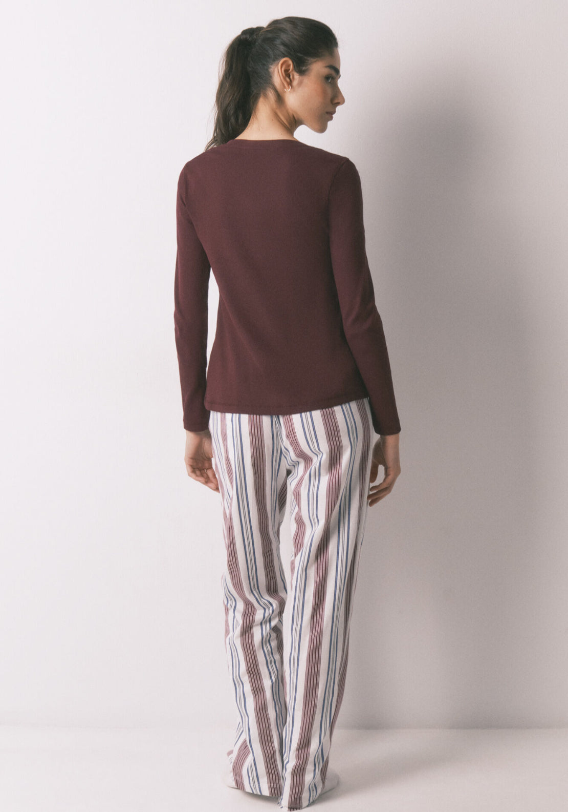 100% Cotton Striped Long Trousers - Maroon Print