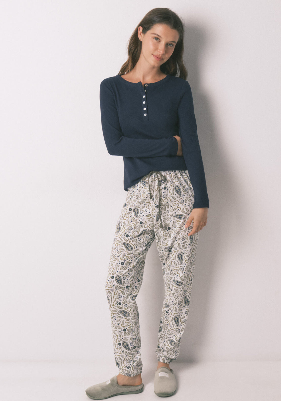 100% Cotton Paisley Print Long Trousers - Green