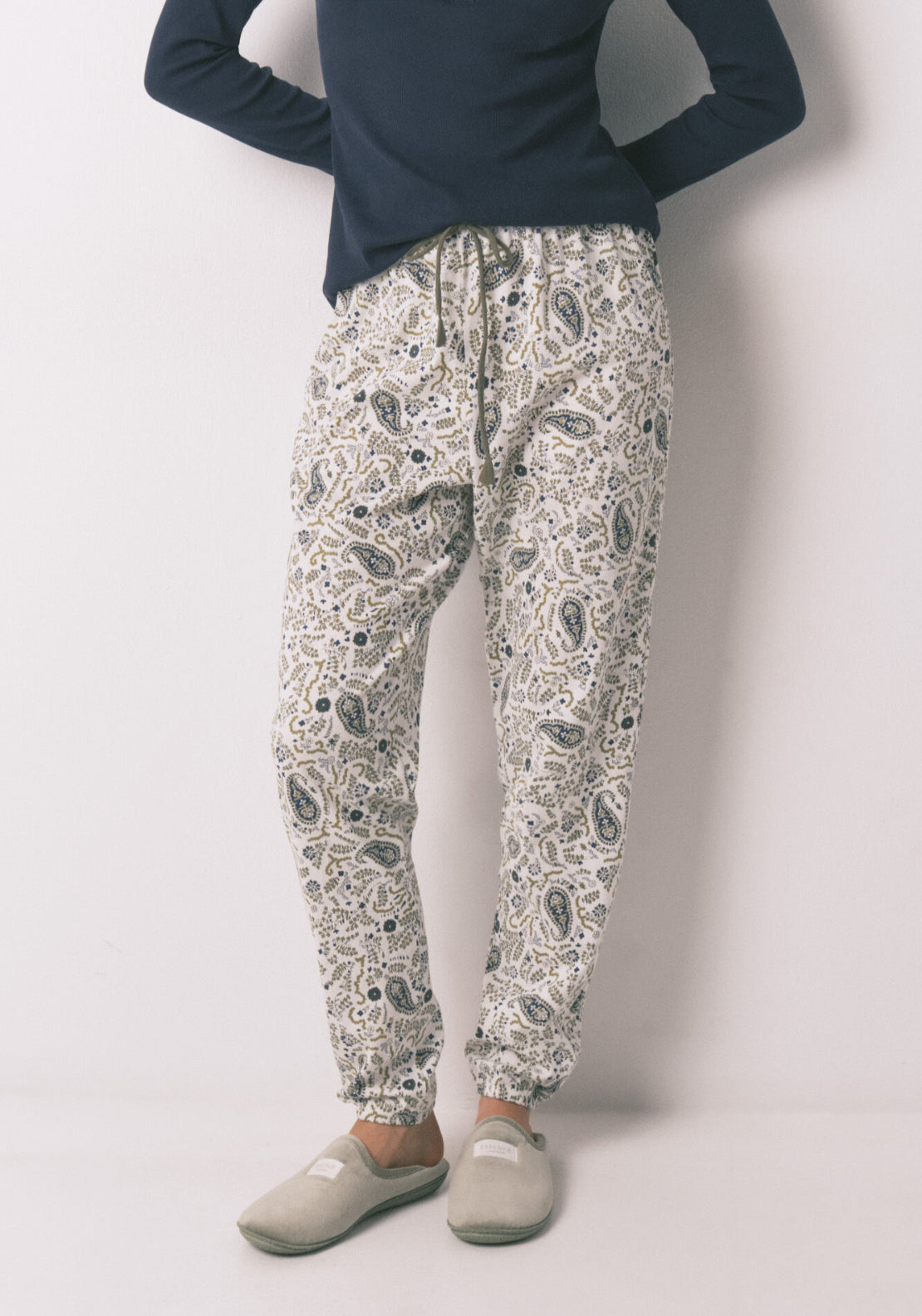 100% Cotton Paisley Print Long Trousers - Green