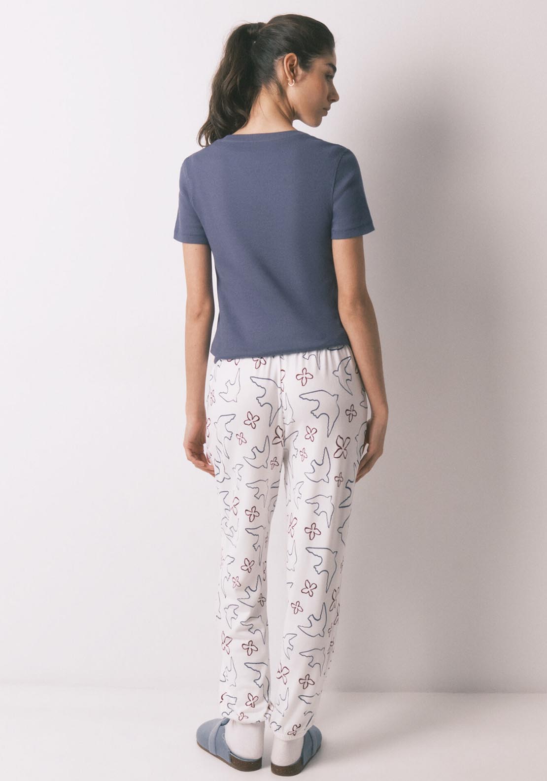 Bird Print Long Trousers - White