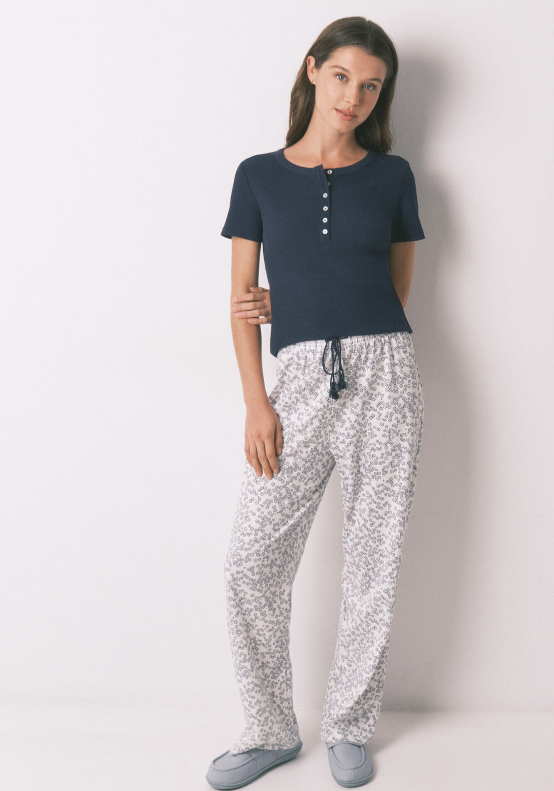 100% Cotton Floral Print Cotton Long Trousers - Blue