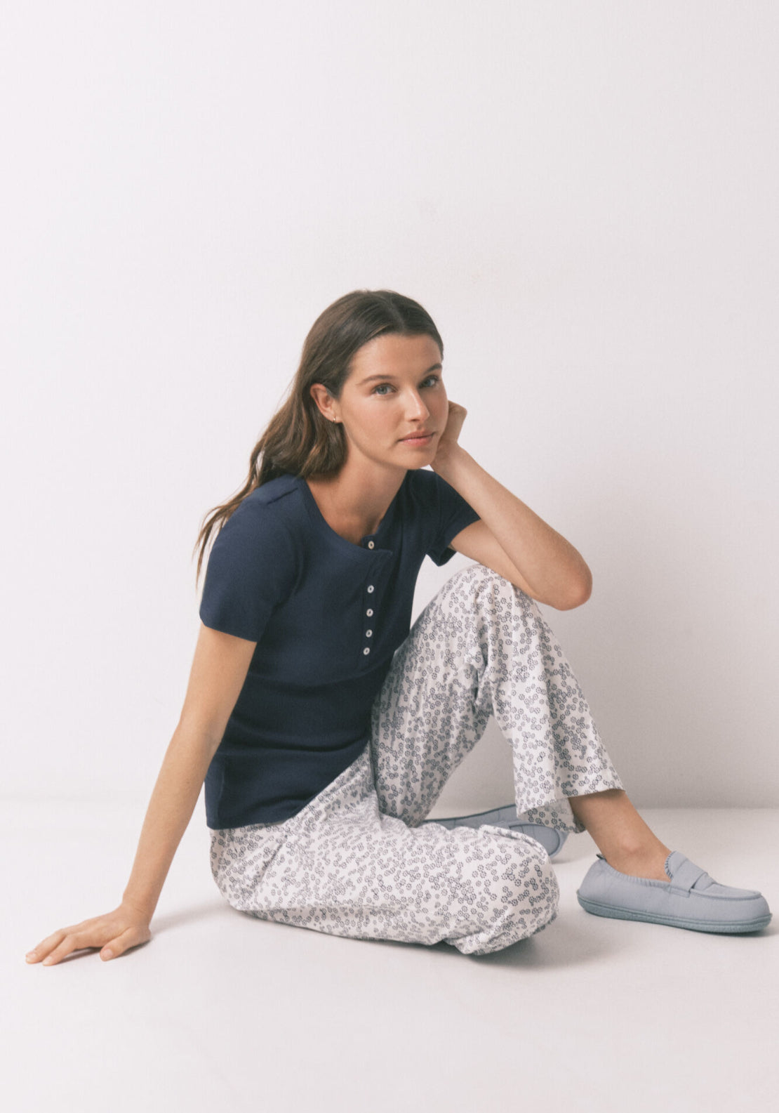 100% Cotton Floral Print Cotton Long Trousers - Blue