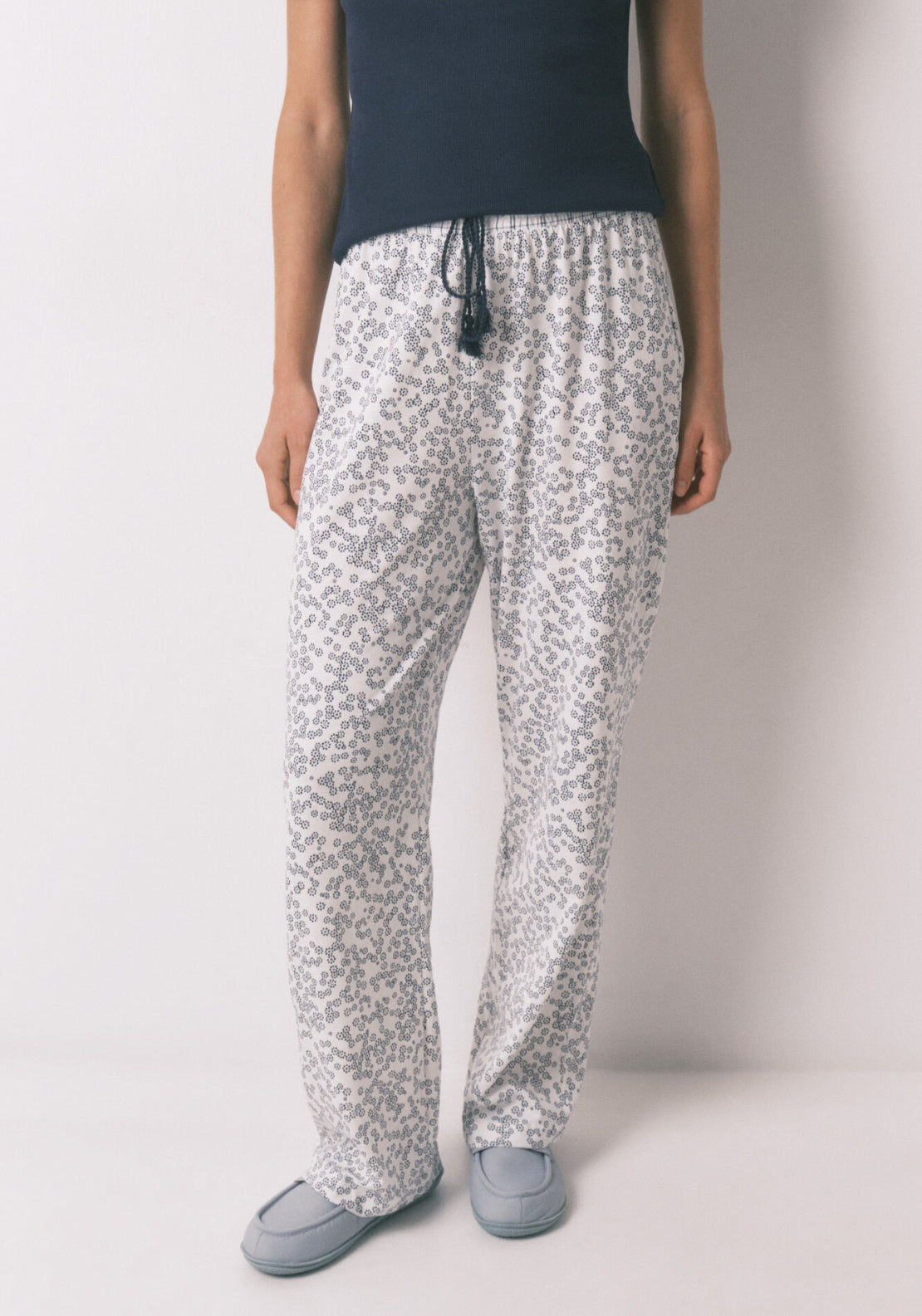 100% Cotton Floral Print Cotton Long Trousers - Blue