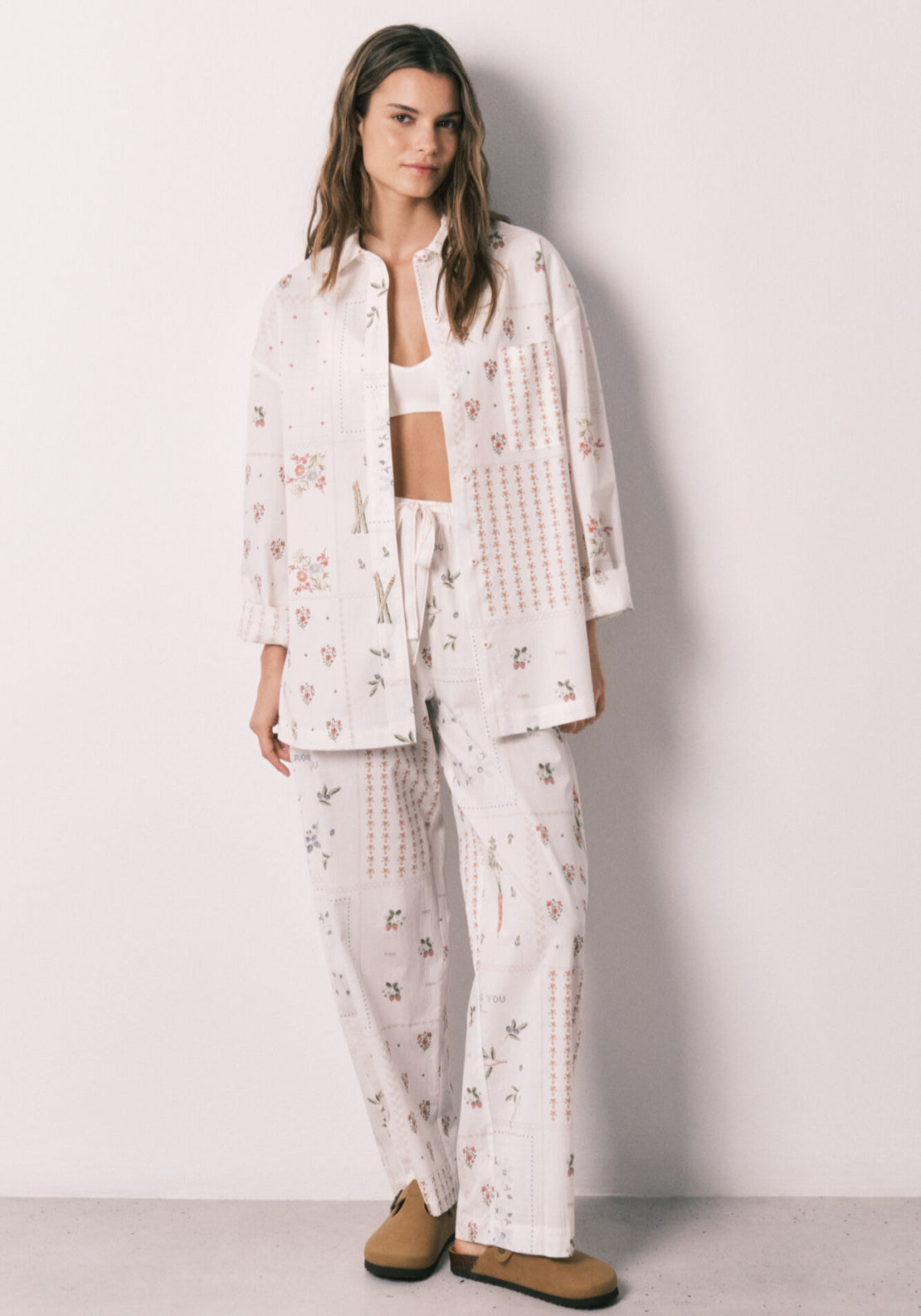 Floral Print 100% Cotton Long Trousers - White