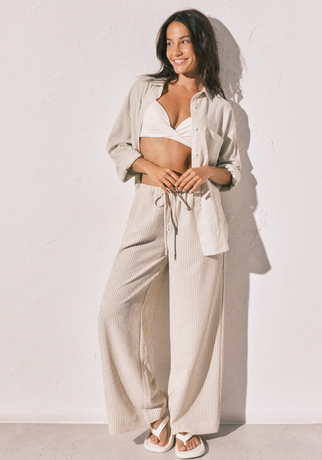 Flared Long Print Trousers - White