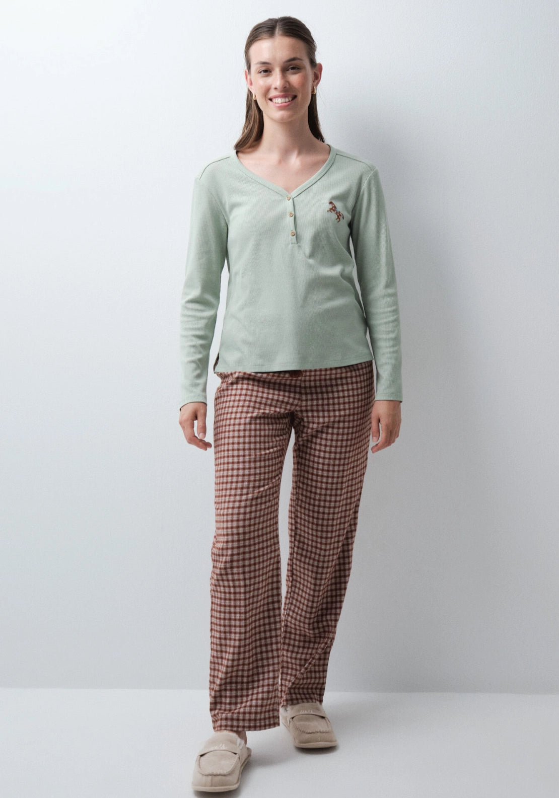 Brown Plaid Long Pyjama Trousers - Brown