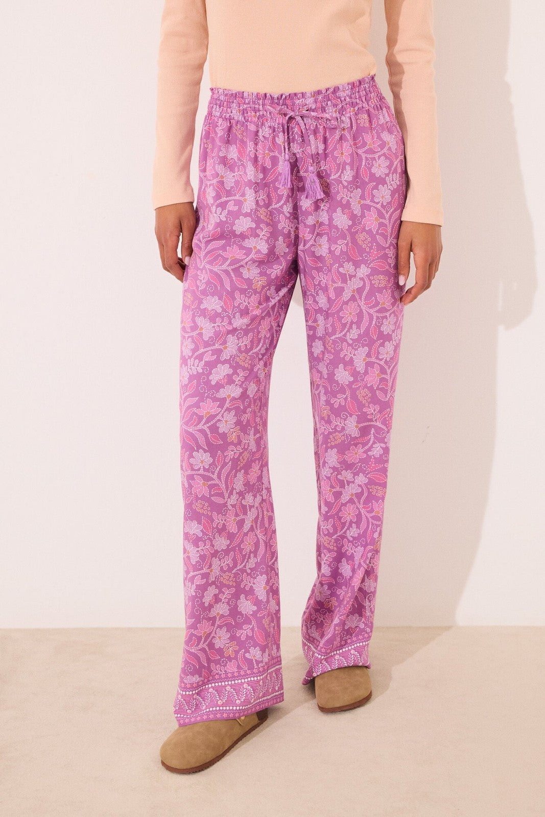 Womensecret Long viscose trouser with boho floral print - Purple 3 Shaws Department Stores