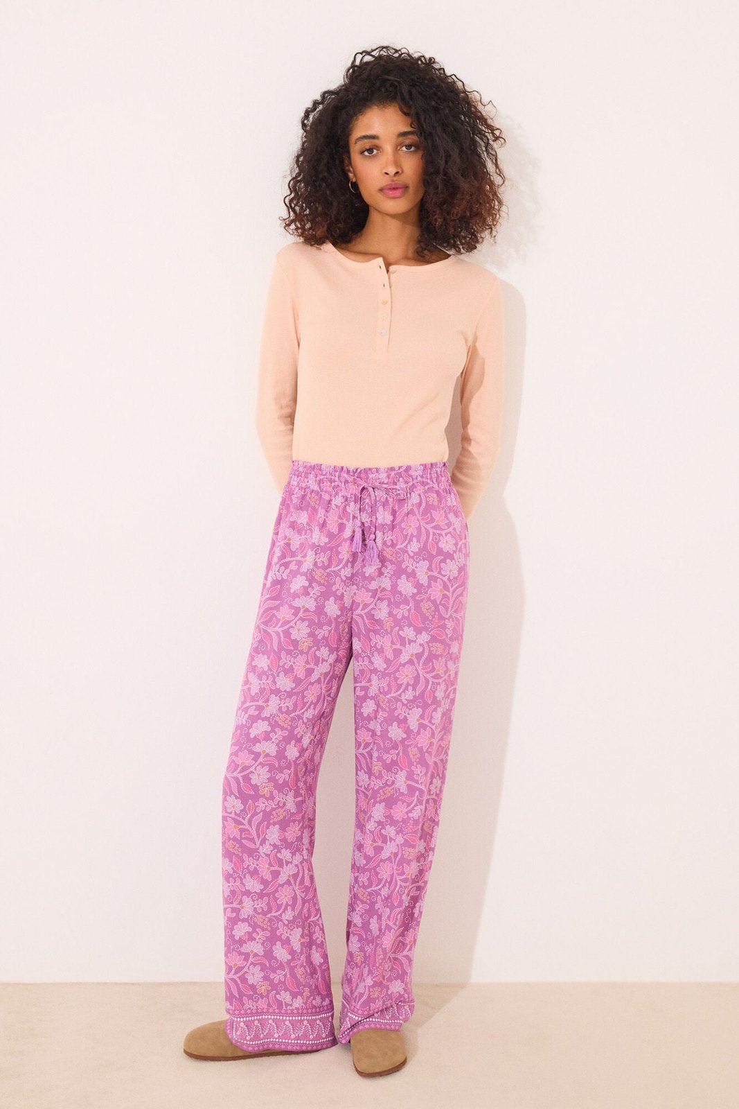 Womensecret Long viscose trouser with boho floral print - Purple 6 Shaws Department Stores