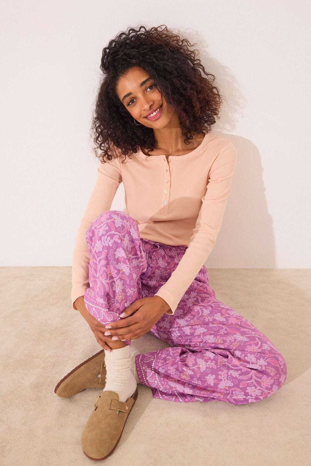 Womensecret Long viscose trouser with boho floral print - Purple 1 Shaws Department Stores