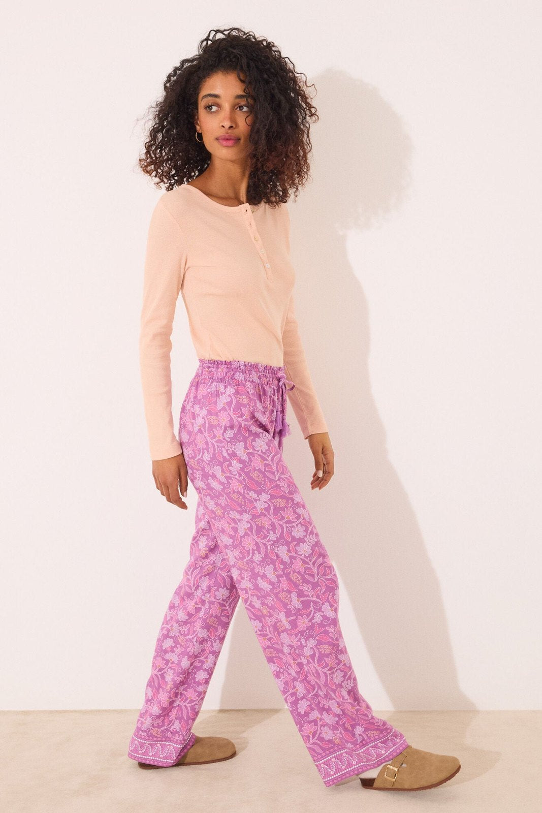 Womensecret Long viscose trouser with boho floral print - Purple 2 Shaws Department Stores