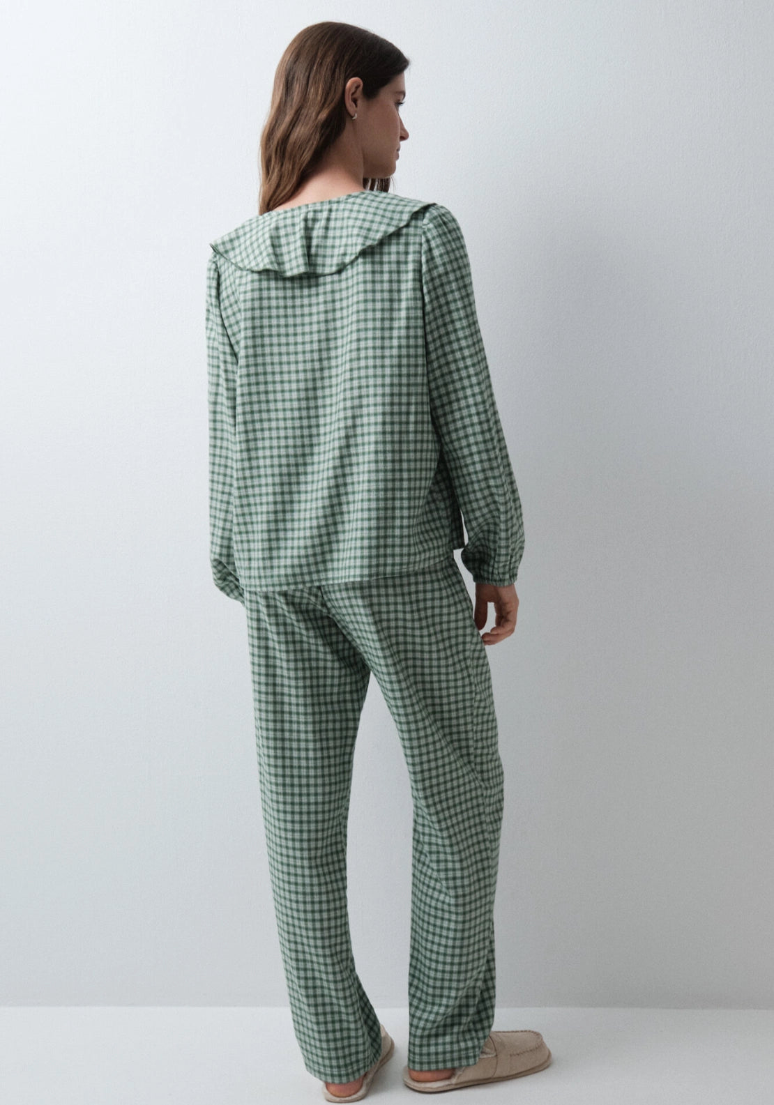 Plaid Long Pyjamas With Ruffles - Green