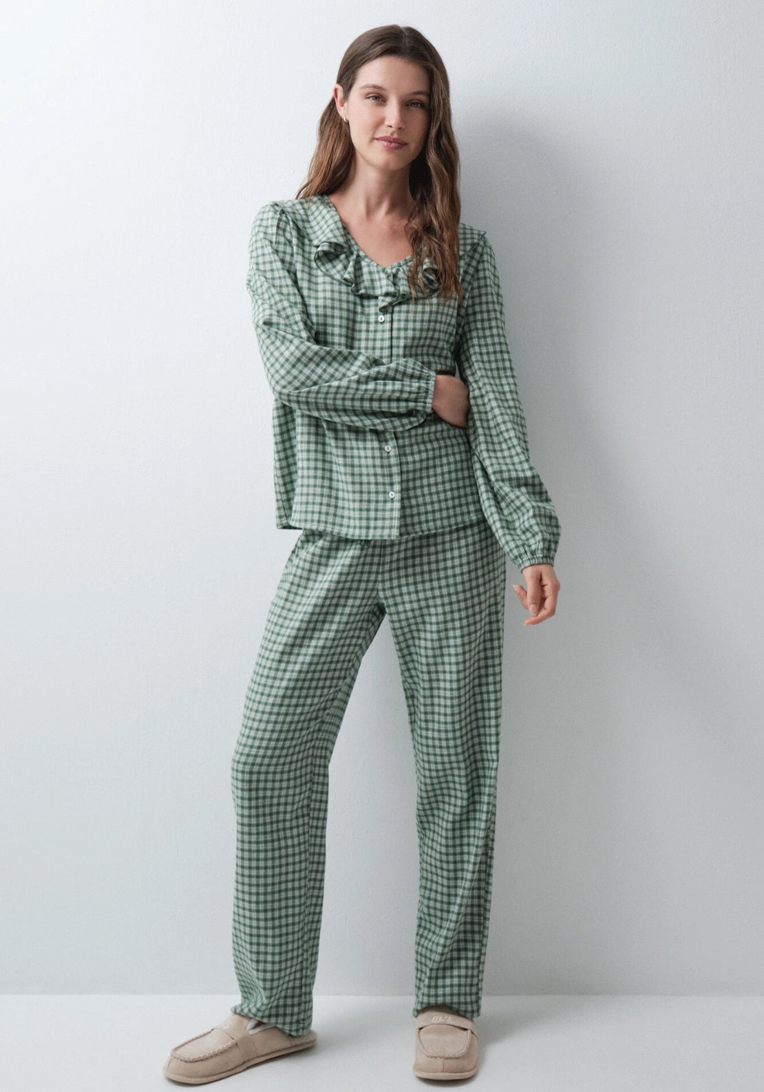 Plaid Long Pyjamas With Ruffles - Green
