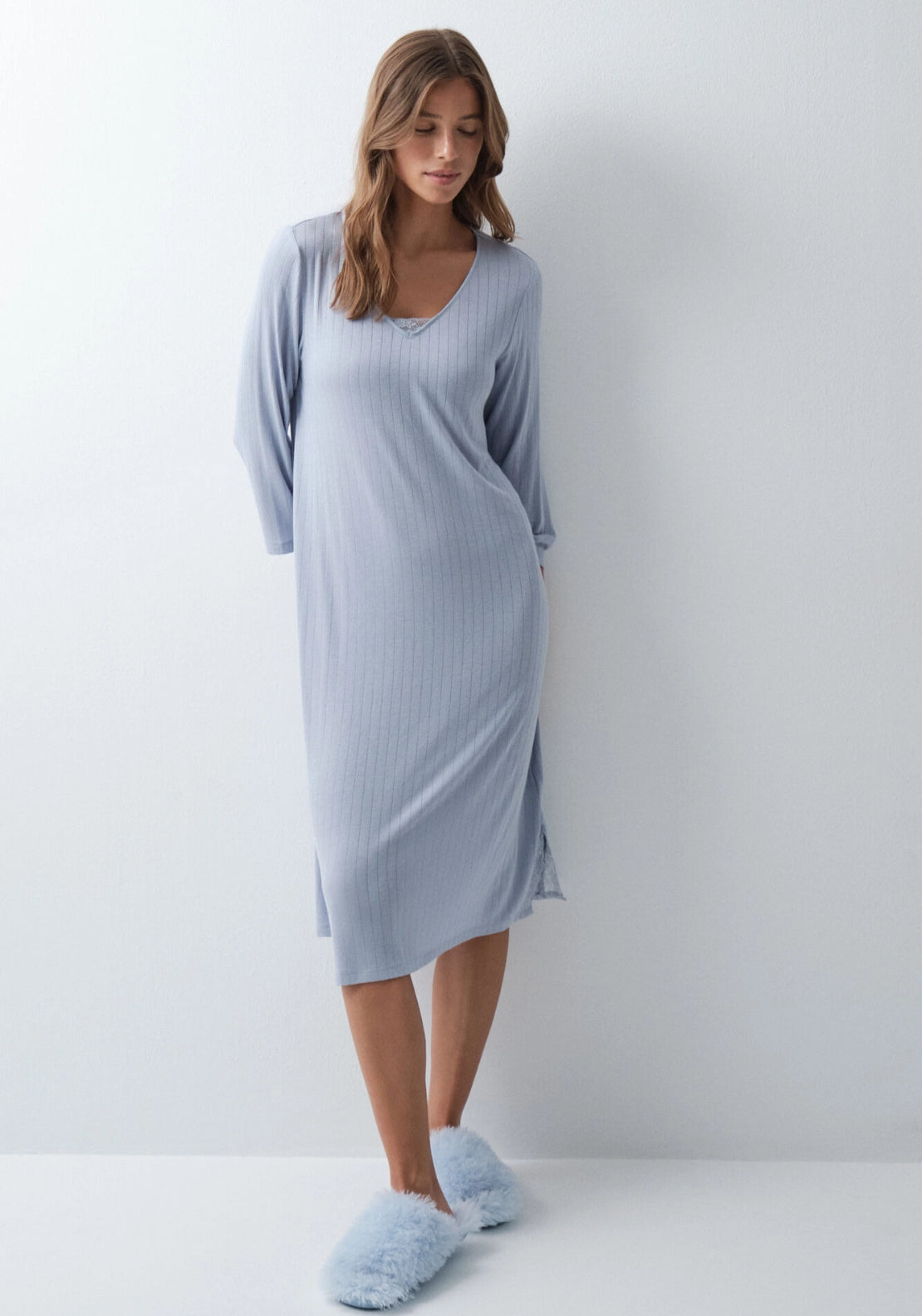 Midi Lace Detail Nightdress - Blue