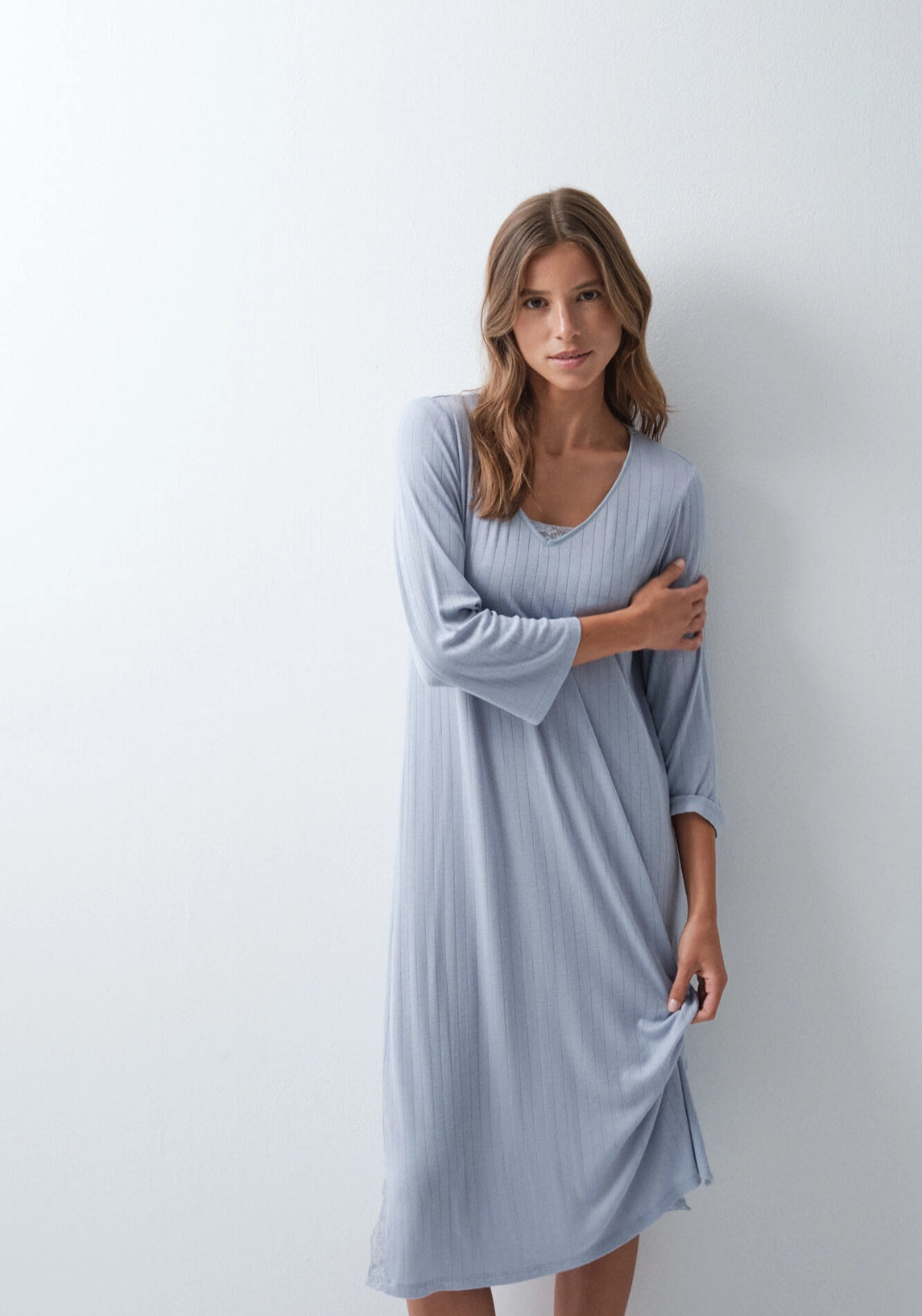 Midi Lace Detail Nightdress - Blue