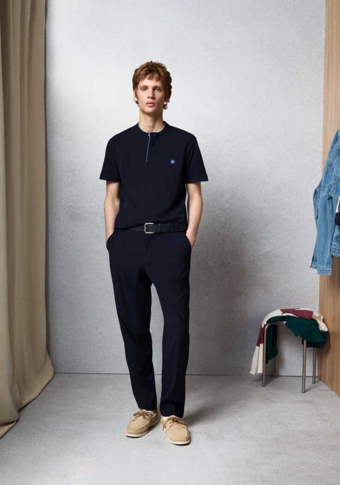 Piqué Mandarin Collar Slim Fit Polo Shirt - Blue