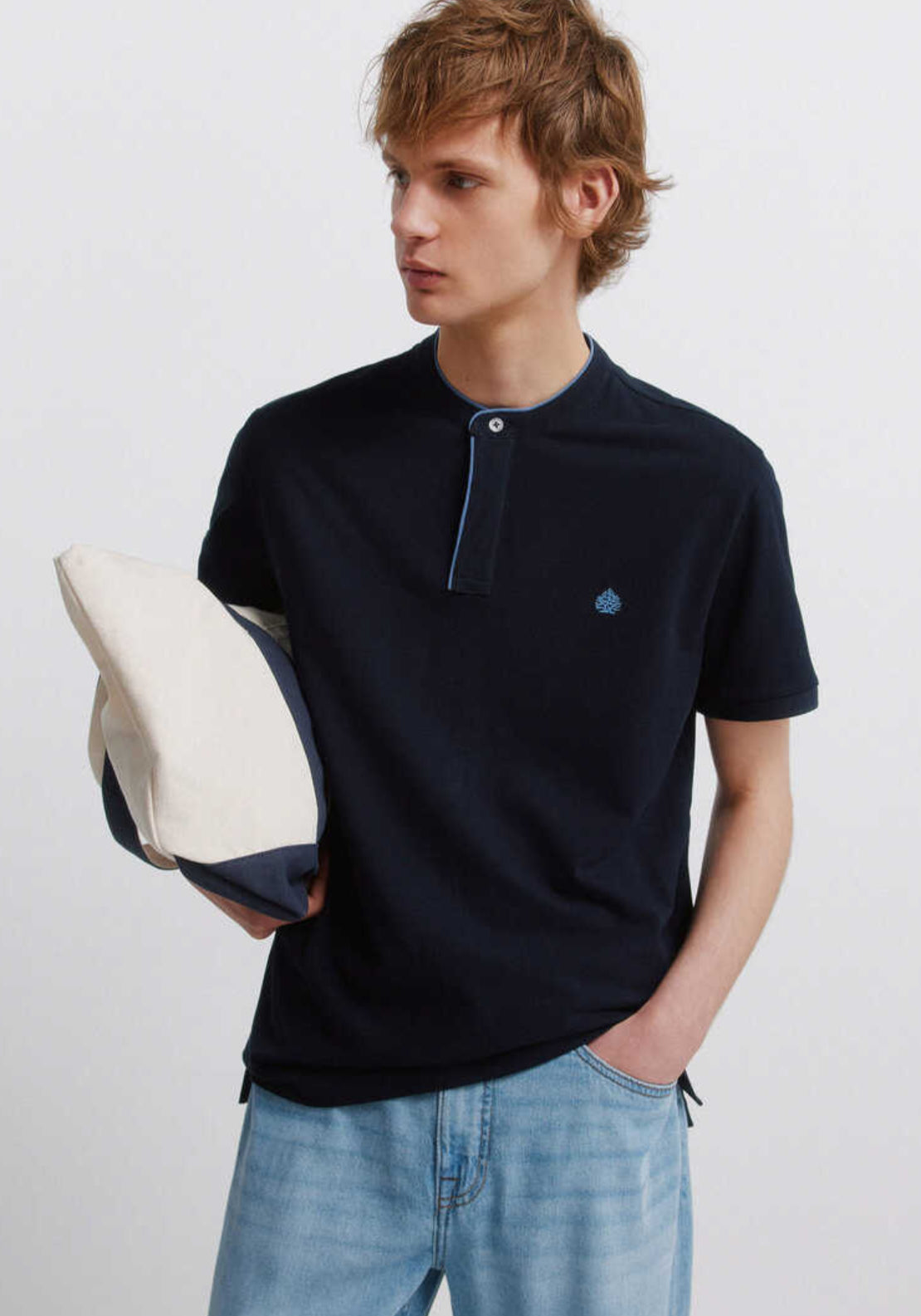 Piqué Mandarin Collar Slim Fit Polo Shirt - Blue