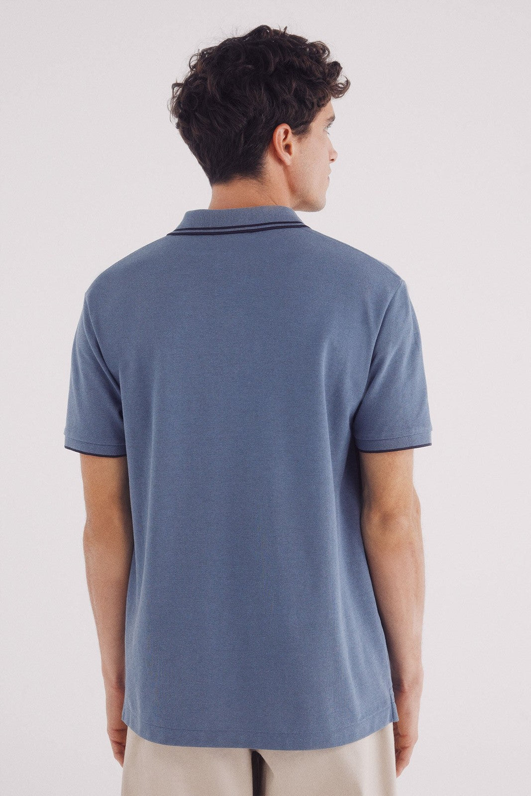 Springfield Regular fit contrast details piqué polo shirt - Blue 3 Shaws Department Stores