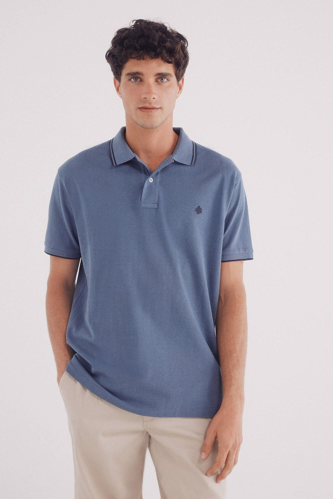 Springfield Regular fit contrast details piqué polo shirt - Blue 5 Shaws Department Stores