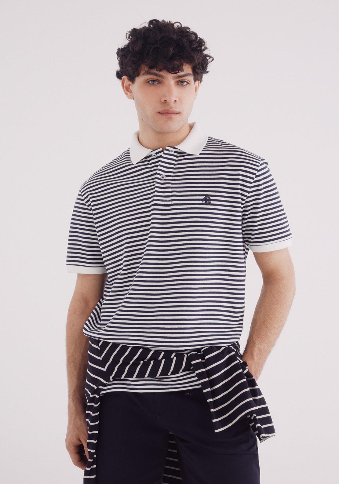 Springfield Basic Striped Regular Fit Piqué Polo - Blue 1 Shaws Department Stores