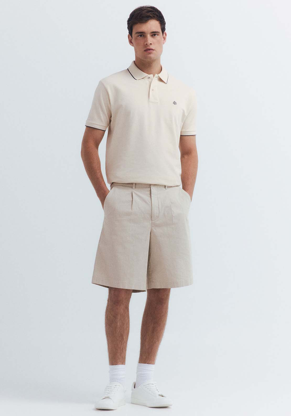 Fancy Piqué Polo Shirt With Regular Fit Tipping Neck - Beige