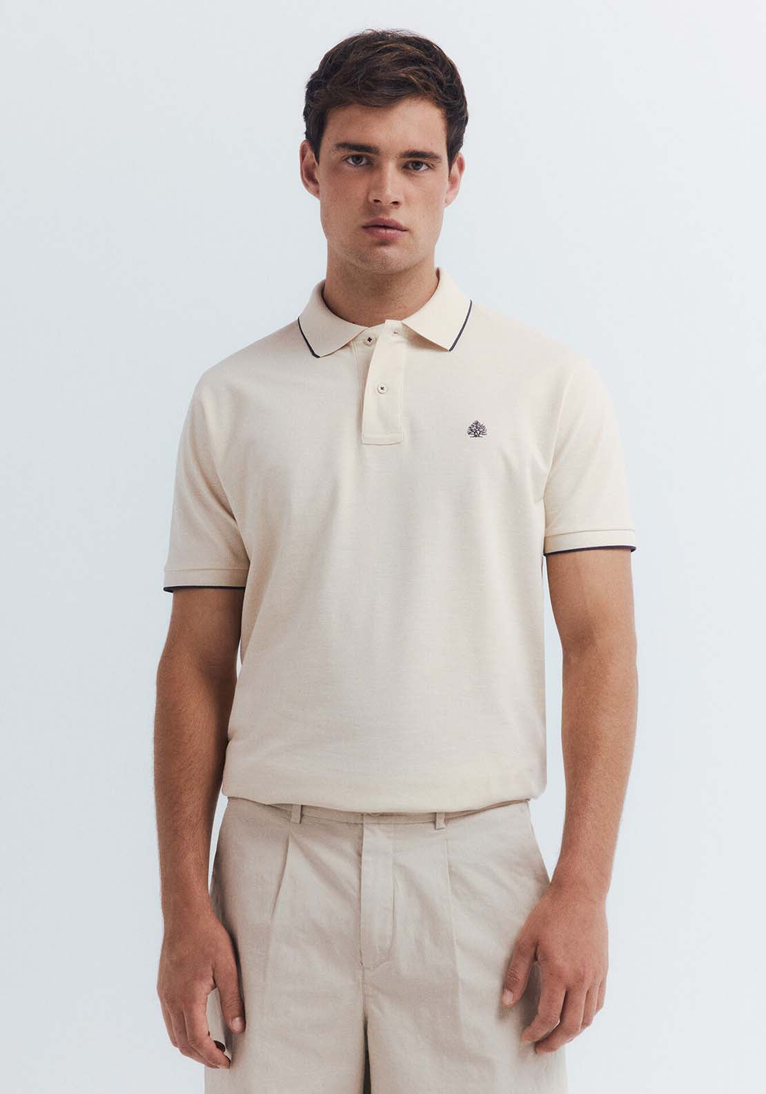 Fancy Piqué Polo Shirt With Regular Fit Tipping Neck - Beige