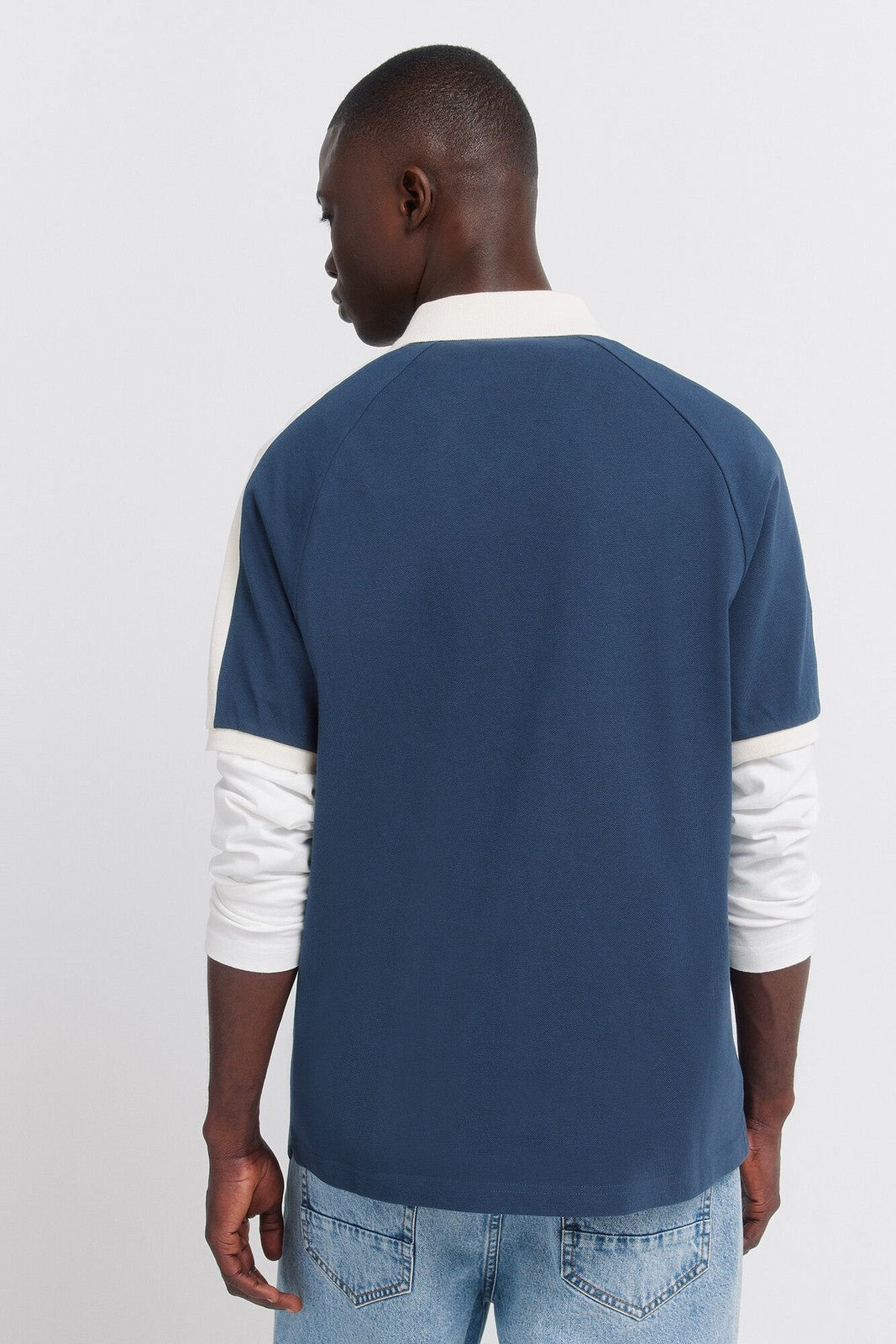Long Sleeve Sporty Contrast Polo Shirt - Blue