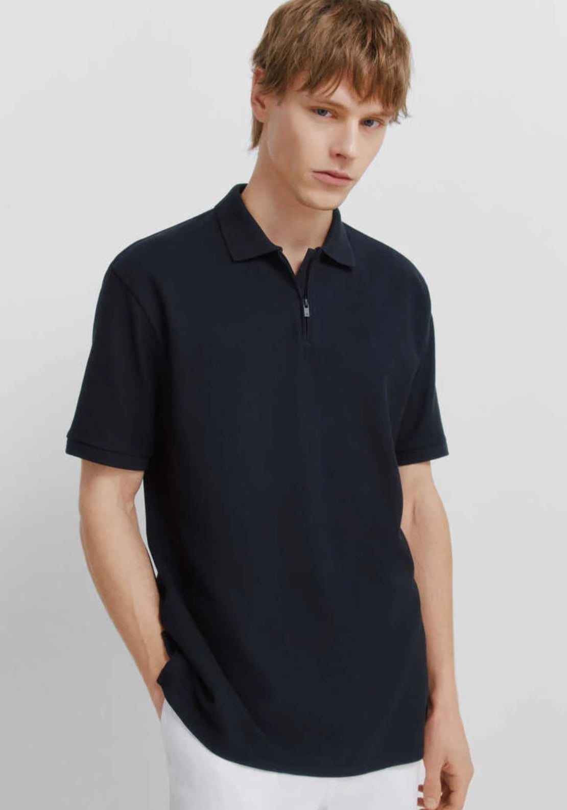 Piqué Zip Regular Fit Polo Shirt - Navy