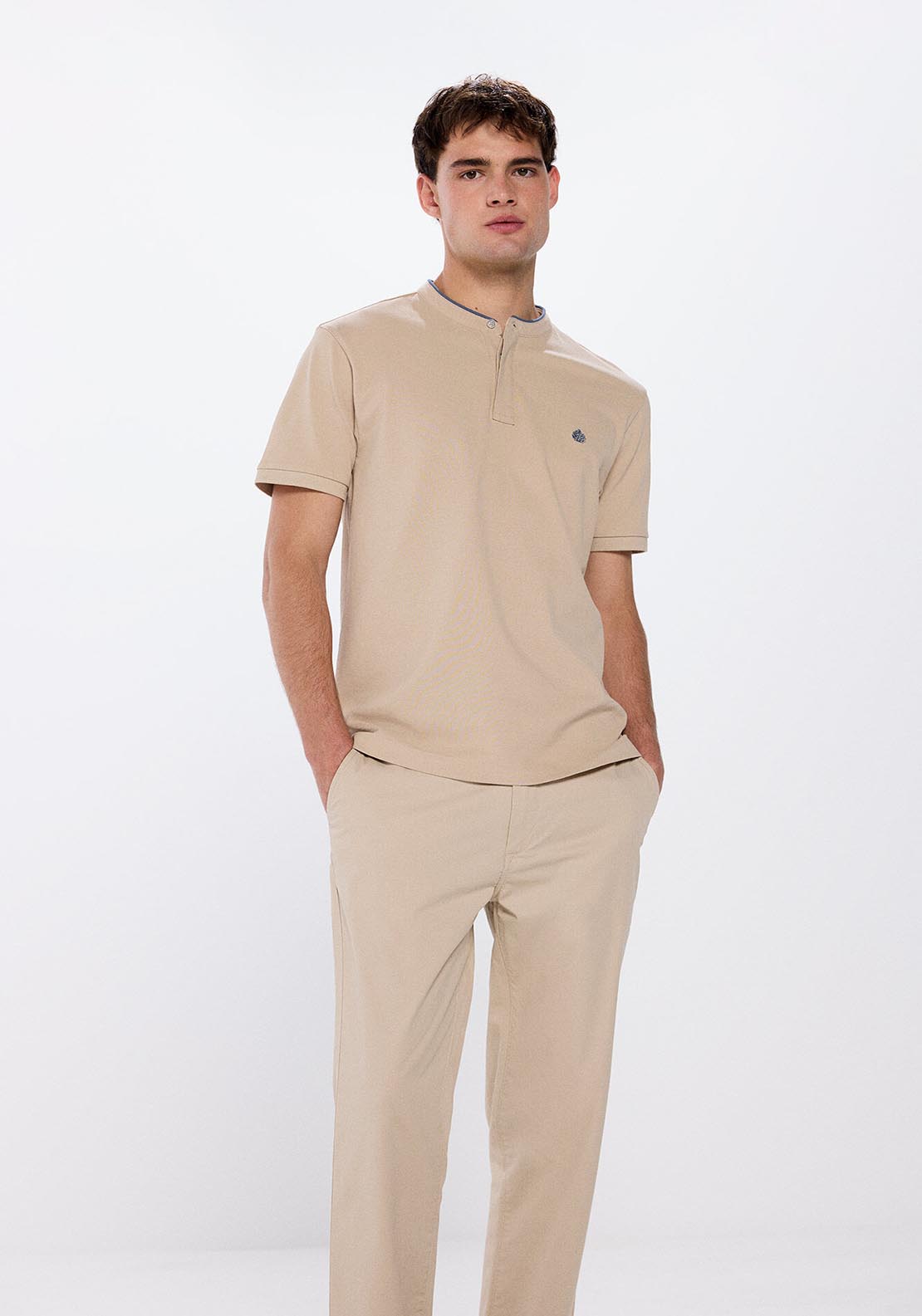 Springfield Regular fit mandarin collar piqué polo shirt - Sand 2 Shaws Department Stores