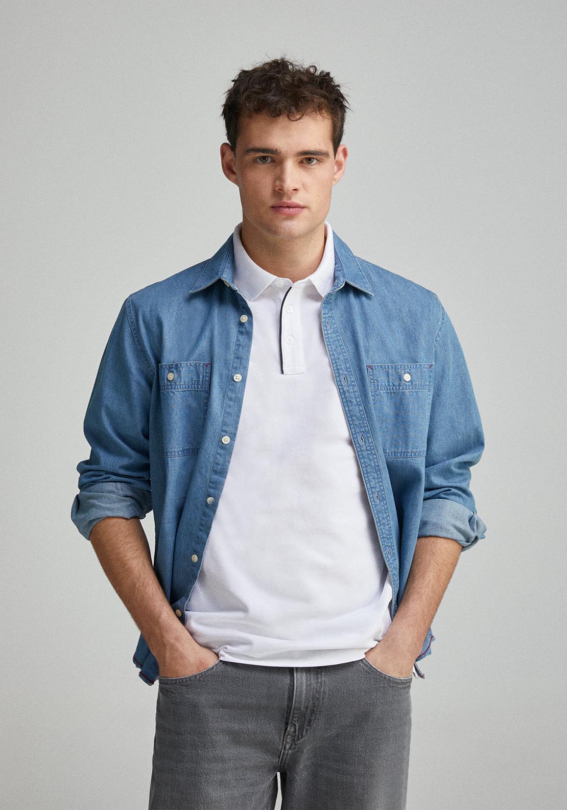 Springfield Slim Fit Contrast Piqué Polo Placket - White 3 Shaws Department Stores