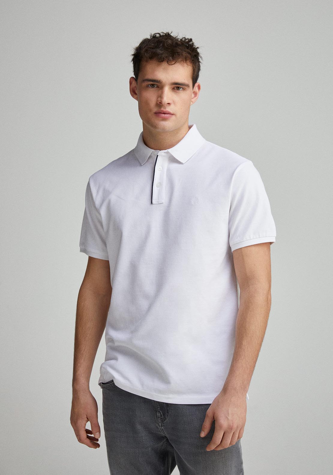 Springfield Slim Fit Contrast Piqué Polo Placket - White 1 Shaws Department Stores