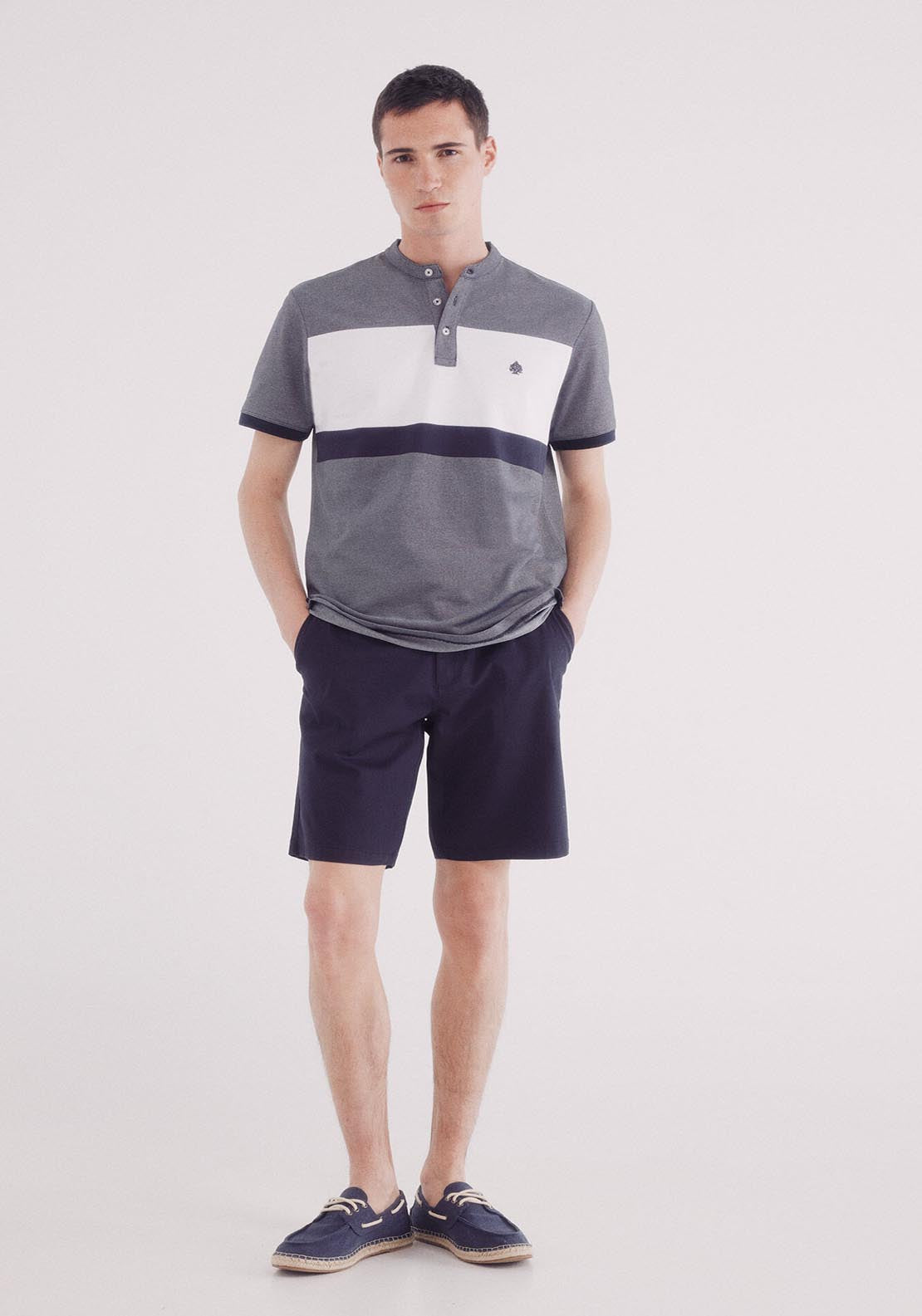 Springfield Slim Fit Mao Oxford Block Piqué Polo - Blue 4 Shaws Department Stores